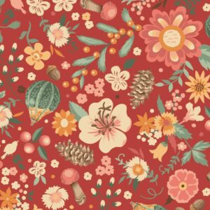 Tela Flowers with Acorns rojo Maple & Marigolds - Tulipatch